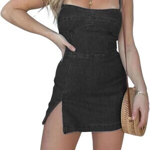 Women's Denim Mini Dress Sleeveless Tie Shoulder Side Slit Bodysuit